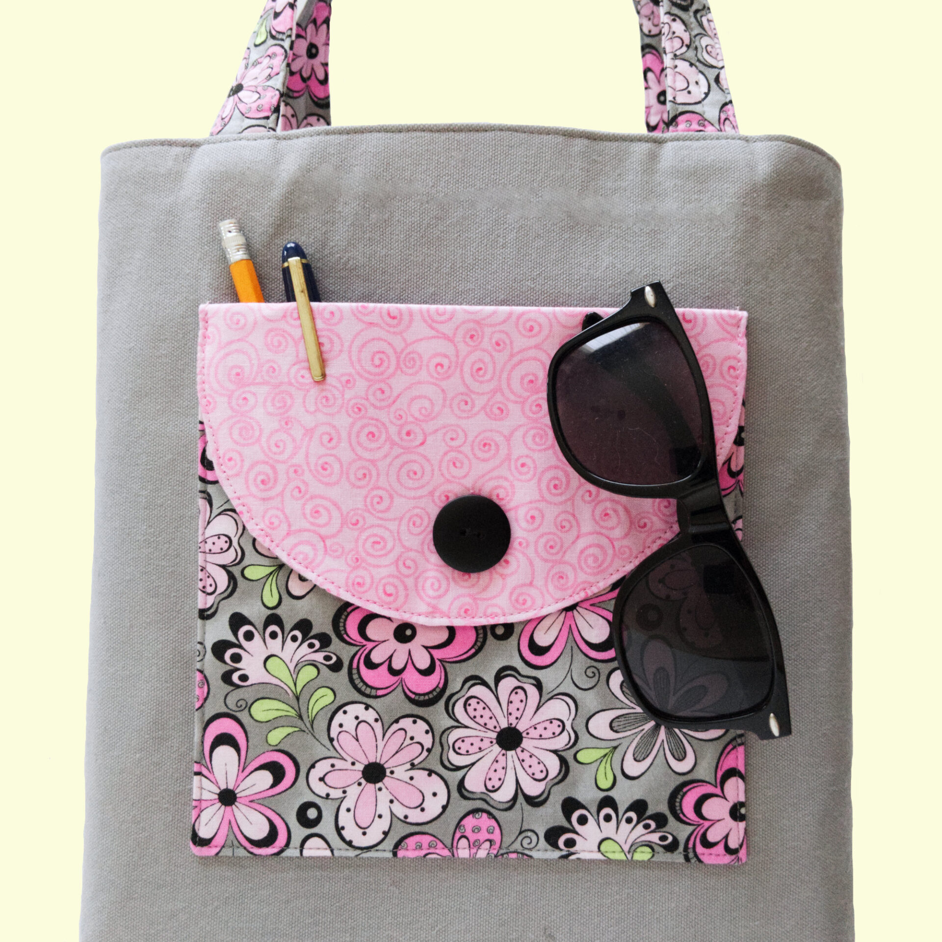 Large Tote with Pockets | Pink Flower Canvas Work Bag