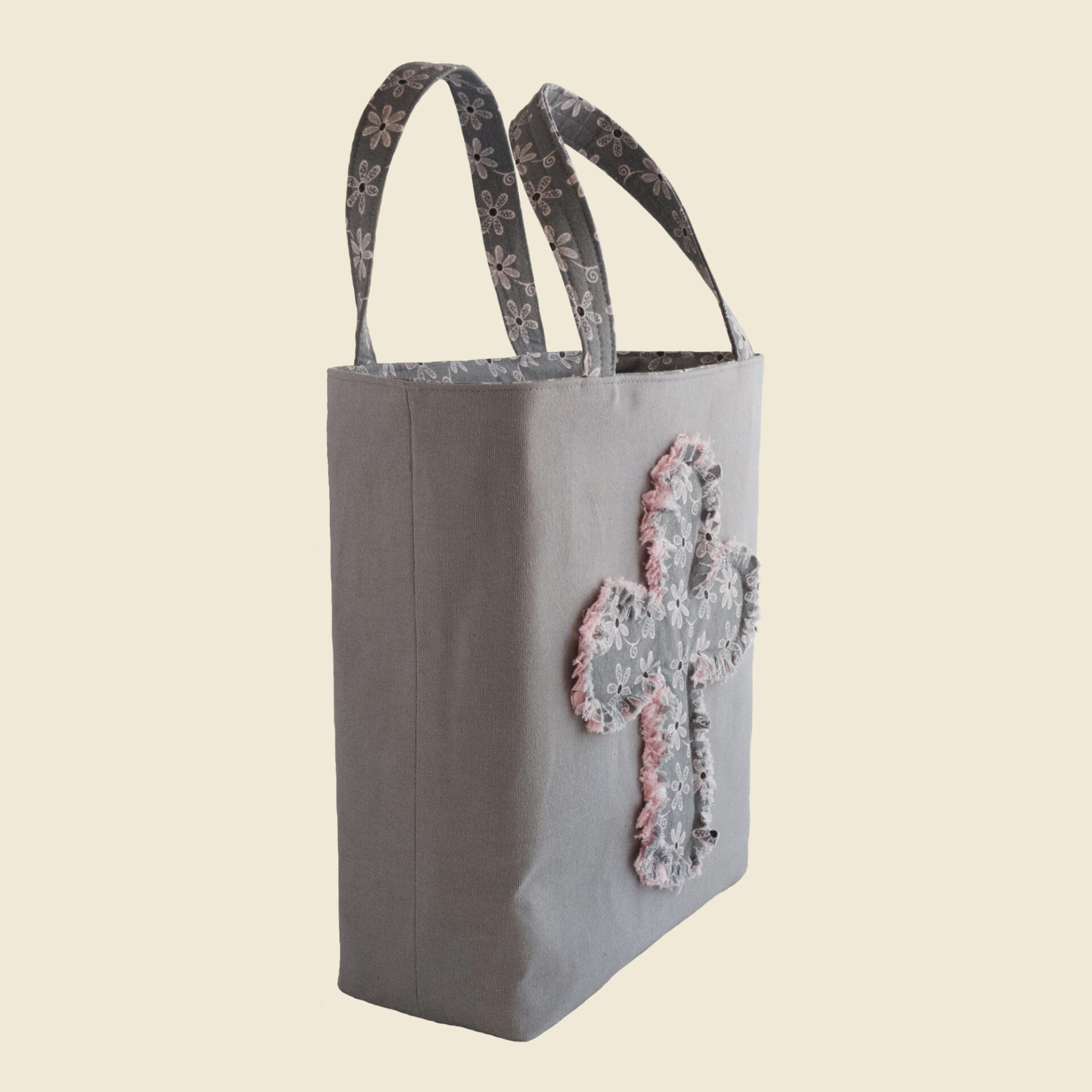 Large Bible Bag | Gray Floral Canvas Tote